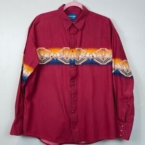 Vintage Wrangler  Western Shirt XL Aztec Navajo Stripe Pearl Snap Burgundy